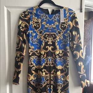 Alice + Olivia Blue and Gold Long Sleeve Bodycon Catsuit Junpsuit